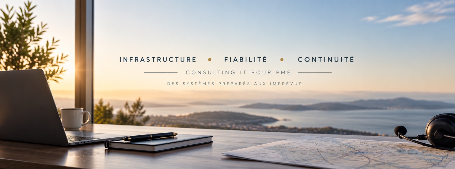 Infrastructure, fiabilité, continuité. Consulting IT pour PME. Des systèmes préparés aux imprévus. Bureau avec ordinateur, carte aéronautique et casque de pilote.